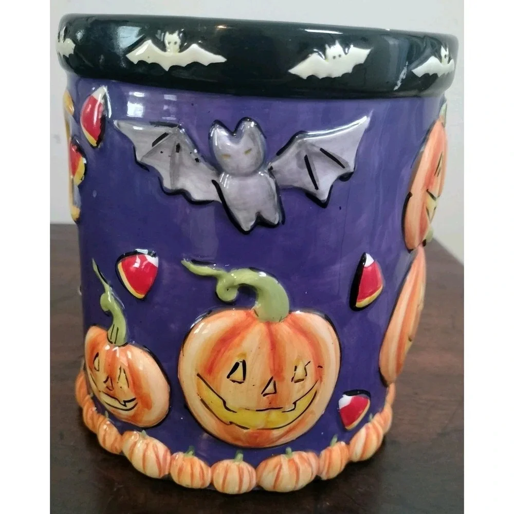 Vintage Halloween Purple Ceramic Pumpkin Bat Spider Web Candle Holder Jar Decor